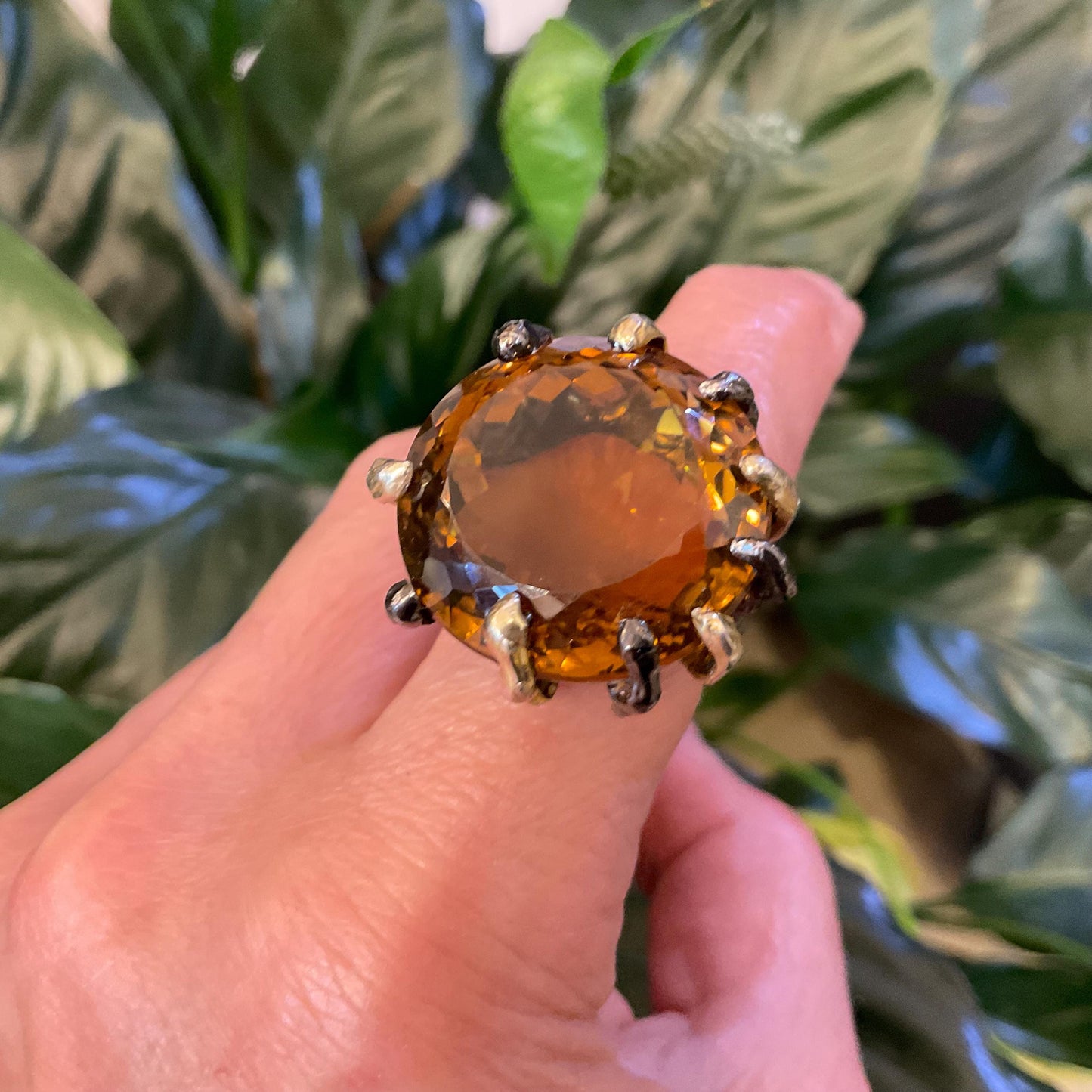 sterling silver cognac quartz statement ring huge ring solitaire roots organic 7.5 8