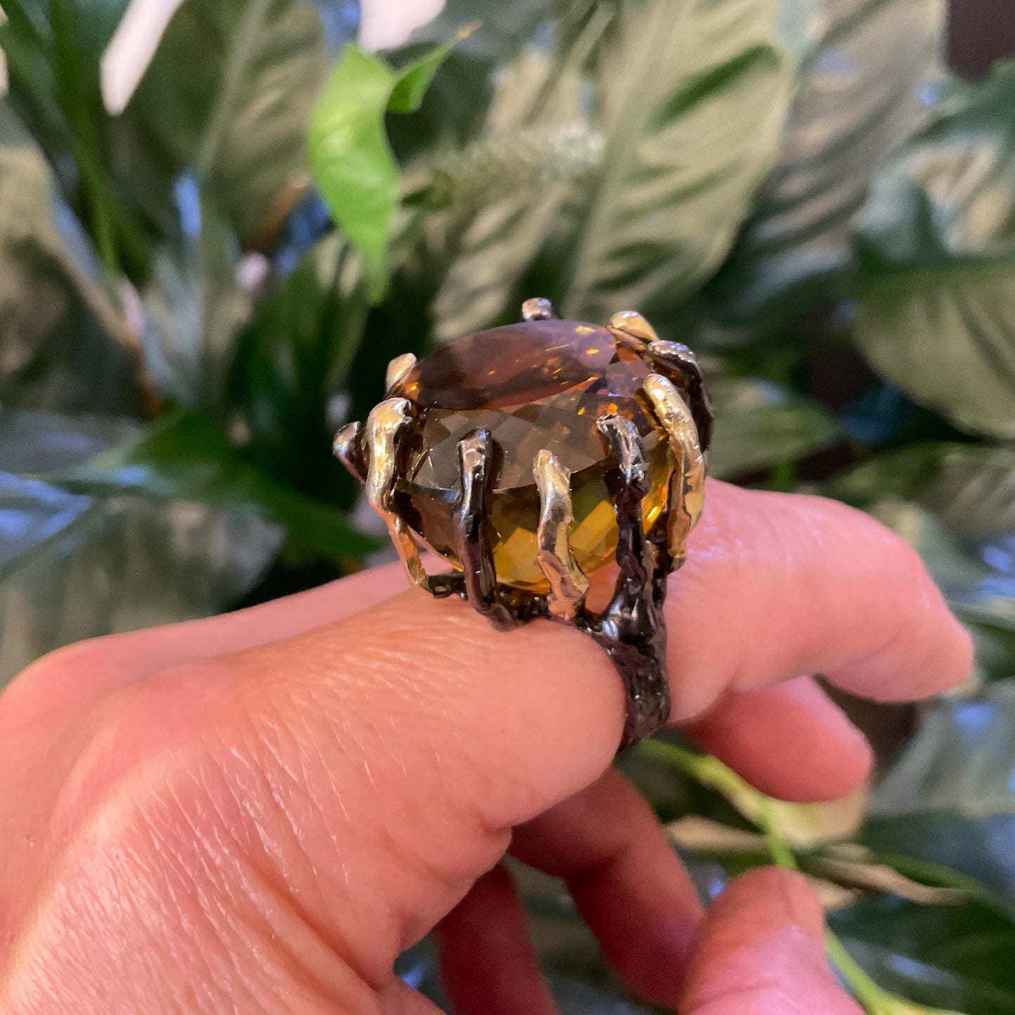 sterling silver cognac quartz statement ring huge ring solitaire roots organic 7.5 8