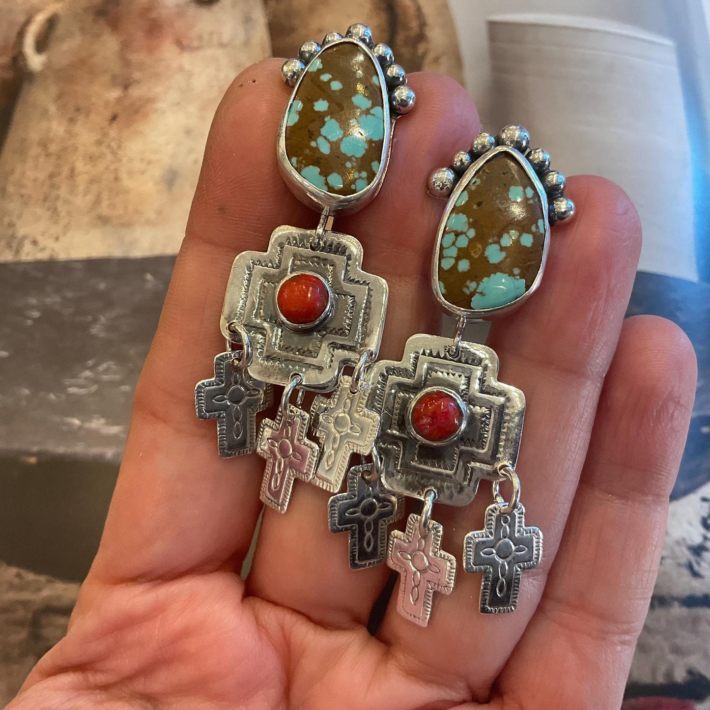 Sterling Silver turquoise coral cross dangle earrings