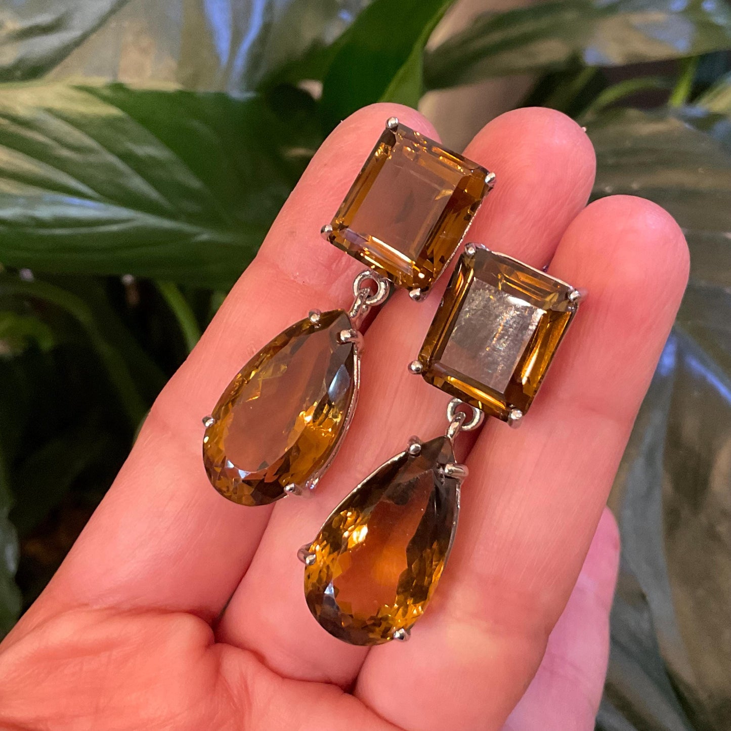 Sterling silver emerald cut citrine pear shape statement earrings