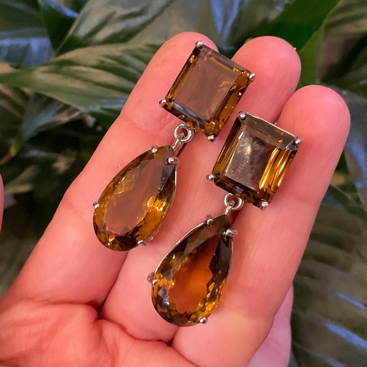 Sterling silver emerald cut citrine pear shape statement earrings
