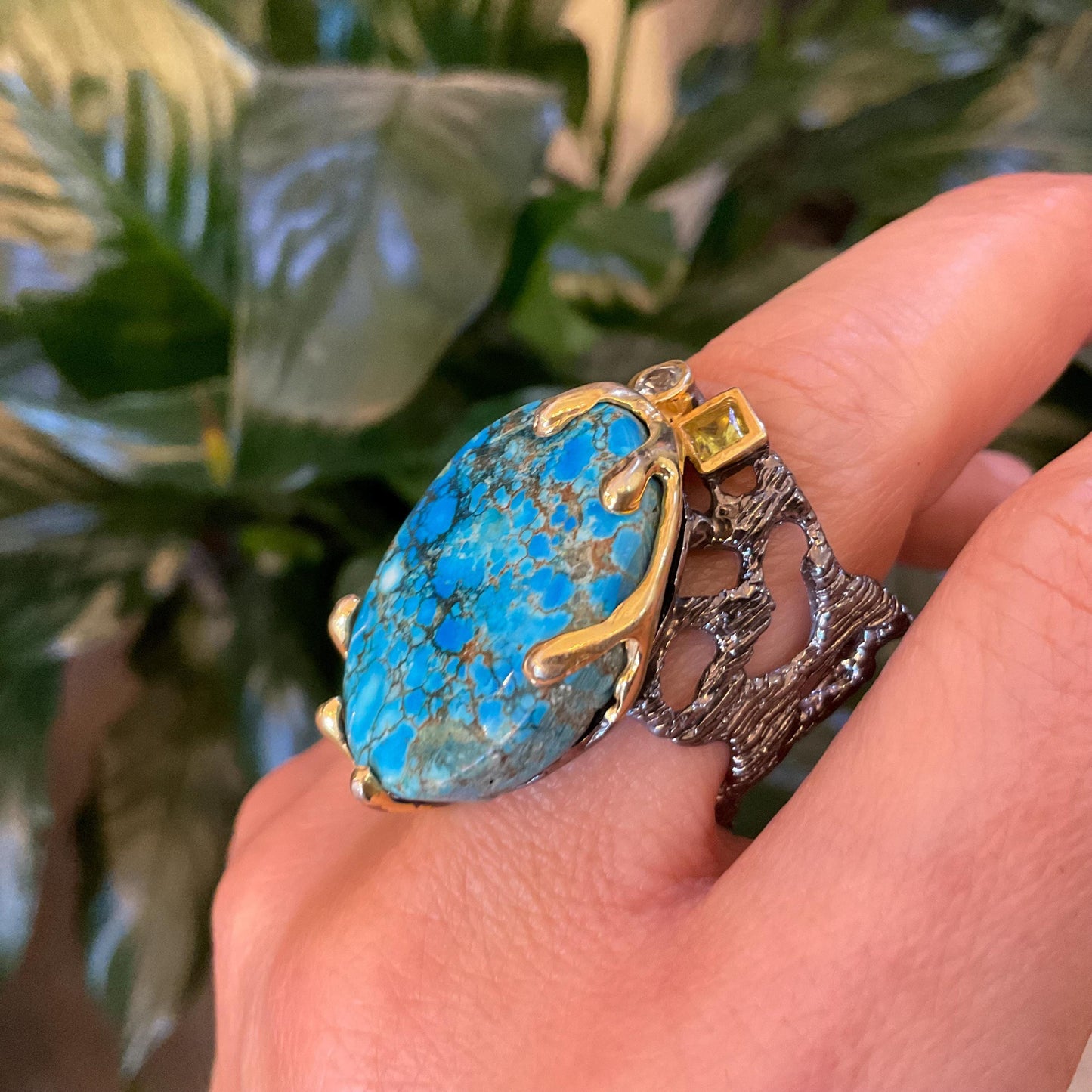 Sterling Silver Genuine Turquoise huge oval brutalist band ring 10