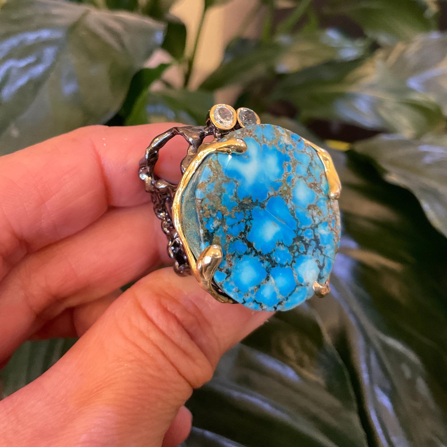 Sterling Silver Turquoise huge round brutalist band ring 7.5 Colors Of Etnika