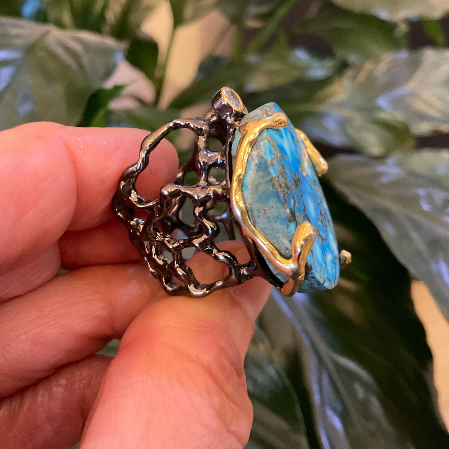 Sterling Silver Genuine Turquoise huge round brutalist band ring 7.5