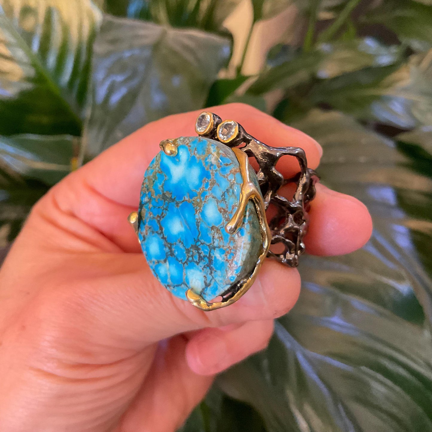 Sterling Silver Genuine Turquoise huge round brutalist band ring 7.5