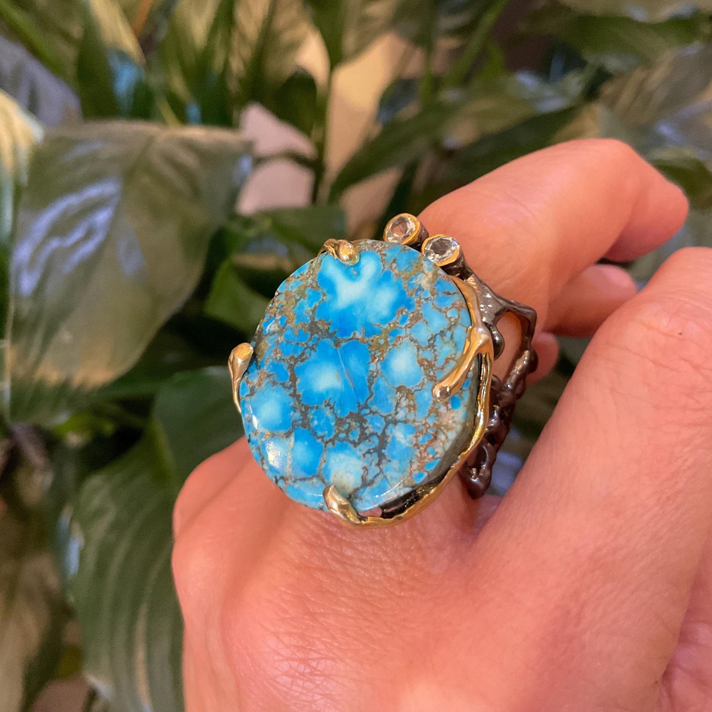 Sterling Silver Genuine Turquoise huge round brutalist band ring 7.5