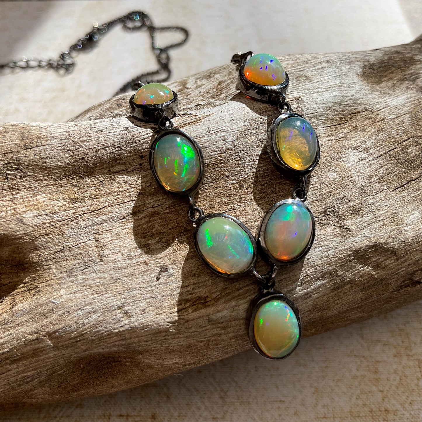 Natural Rainbow fire opal 18” Sterling Silver Necklace