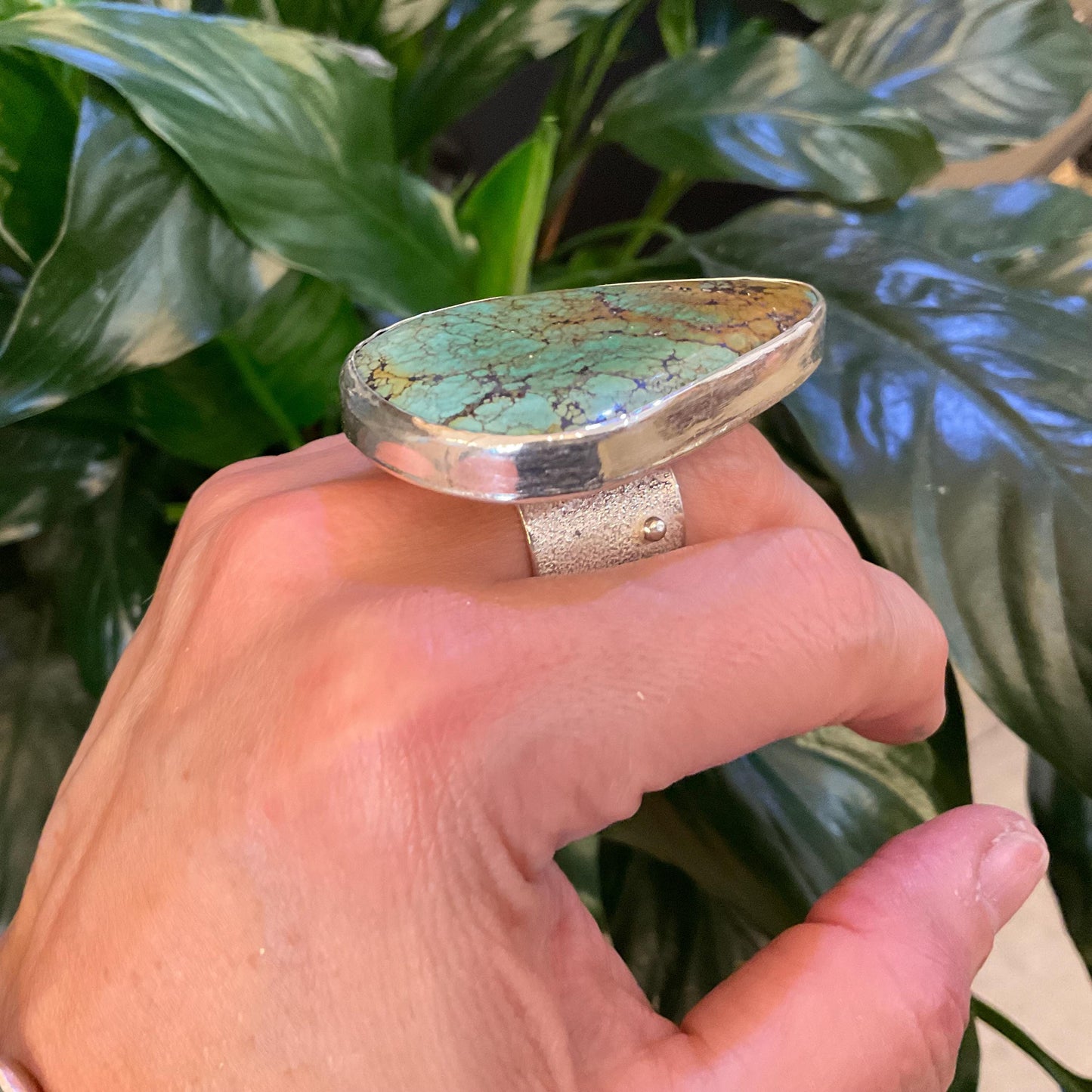 Sterling pear shape turquoise adjustable modernist cuff ring