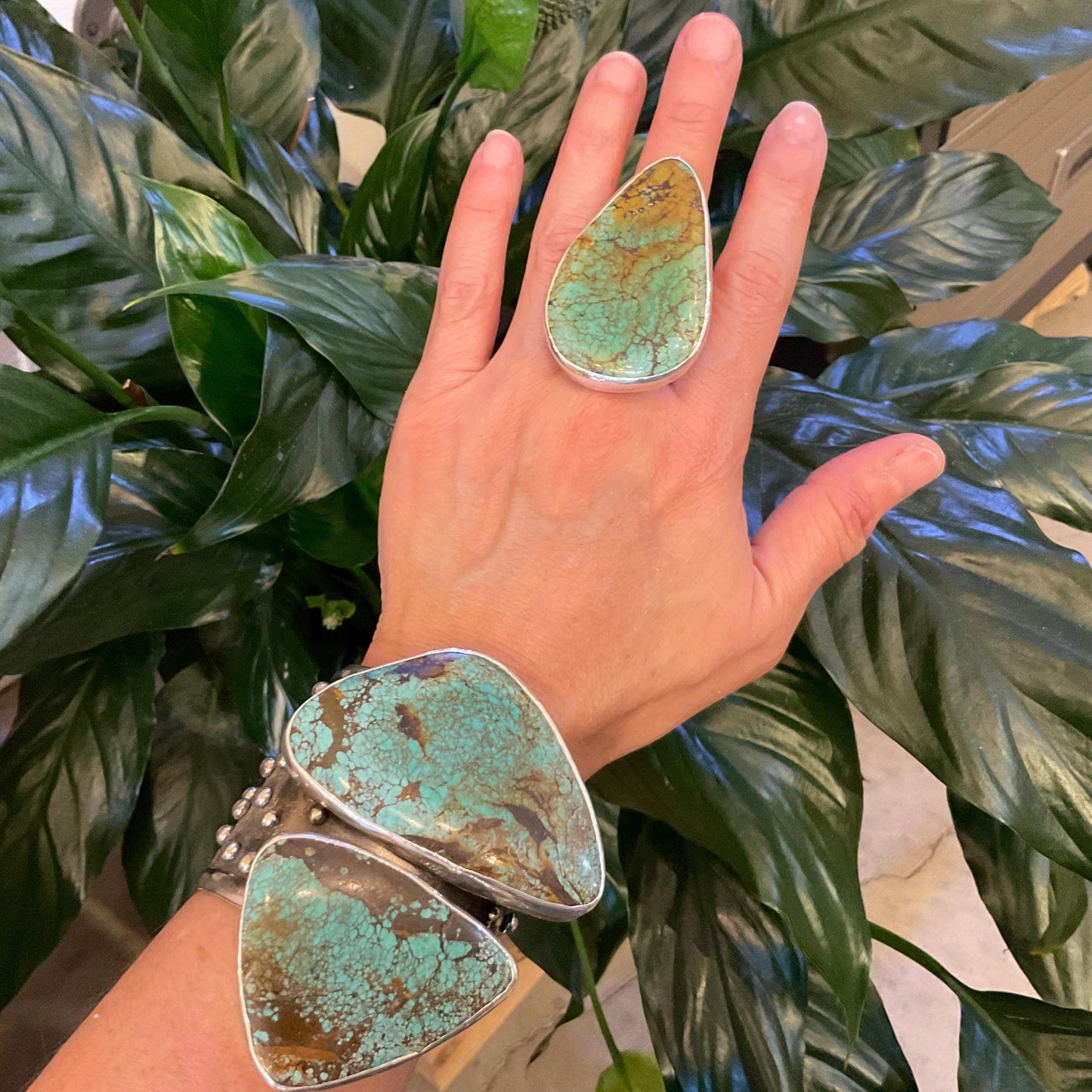 Sterling pear shape turquoise adjustable modernist cuff ring