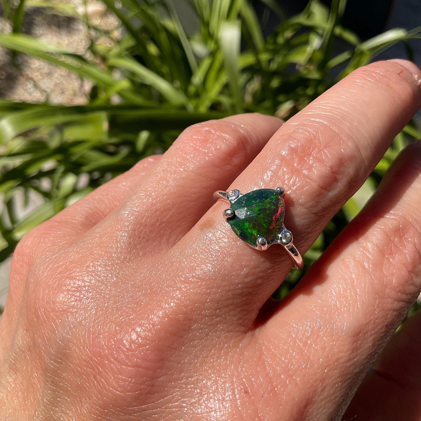 Sterling Silver Natural fire black opal dainty Ring 8
