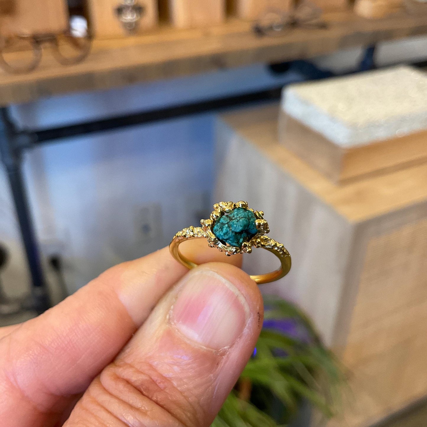 Sterling Silver Genuine rough Turquoise dainty gold ring 7
