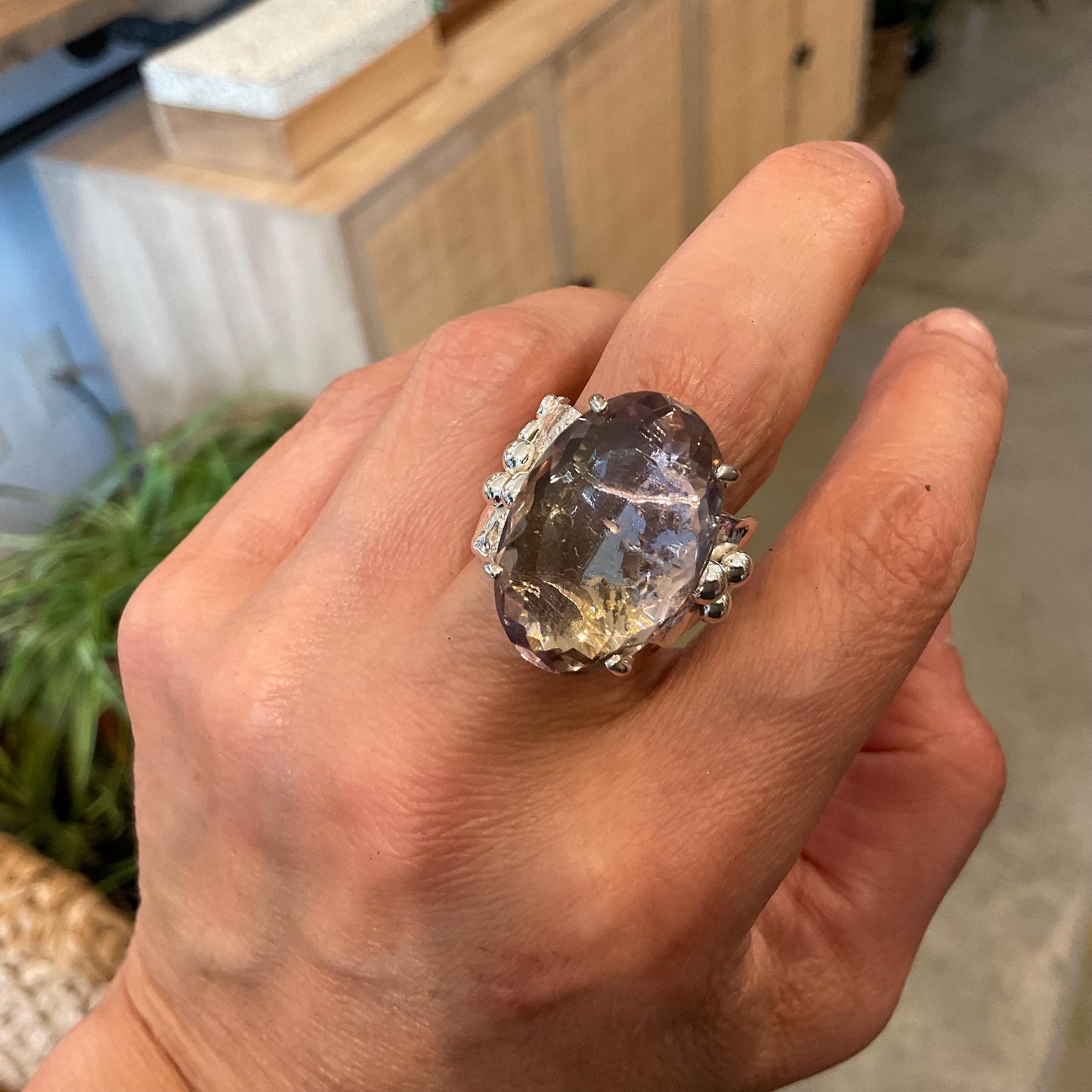 Upcycle sterling silver modernist brutalist ametrine oval shape ring open cuff