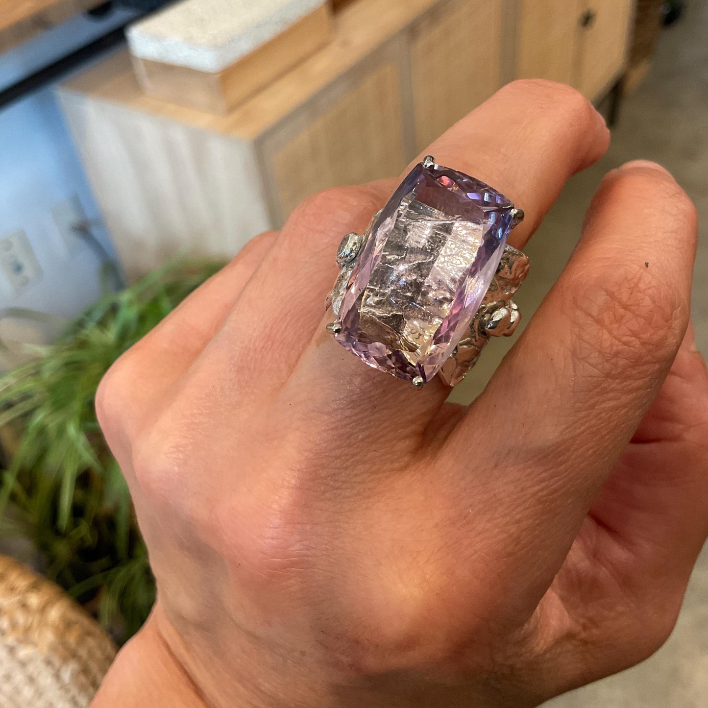 Upcycle sterling silver modernist brutalist ametrine emerald cut ring open cuff