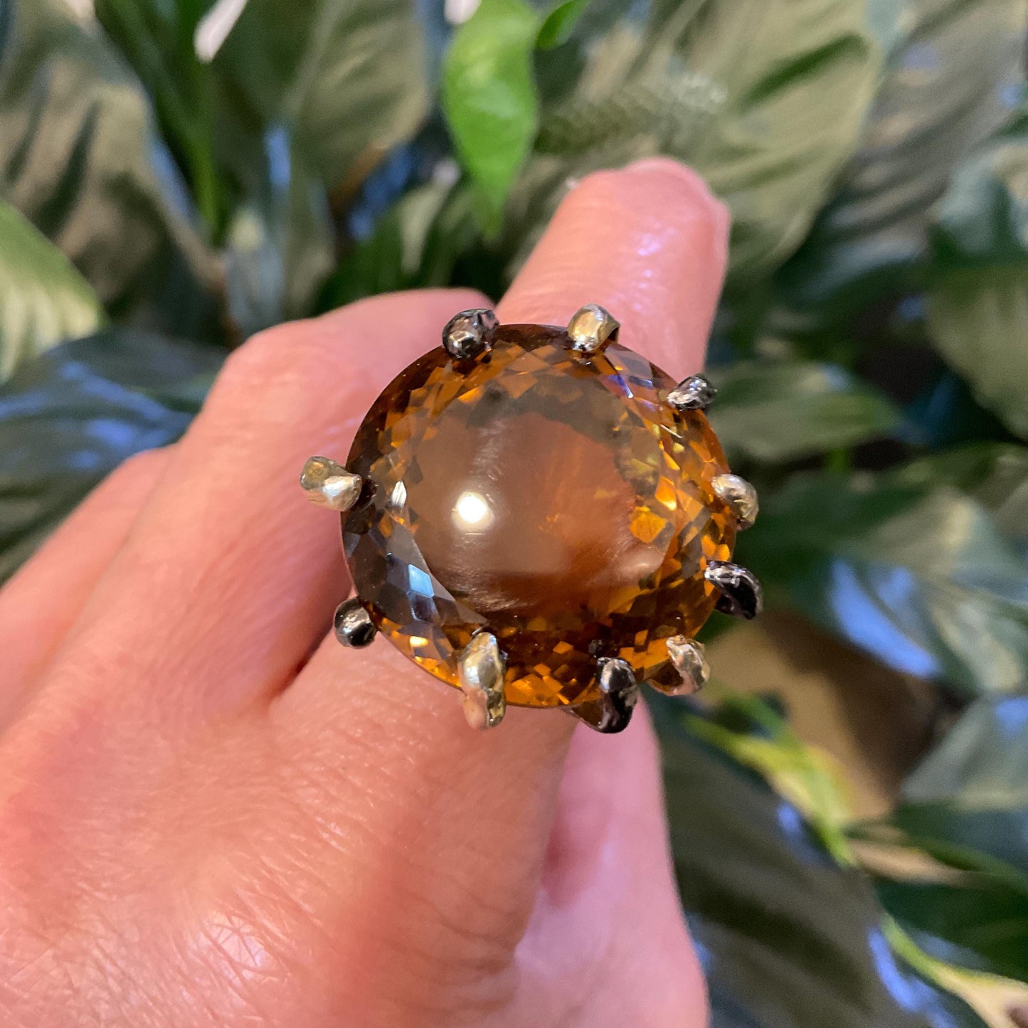 sterling silver cognac quartz statement ring huge ring solitaire roots organic 7.5 8