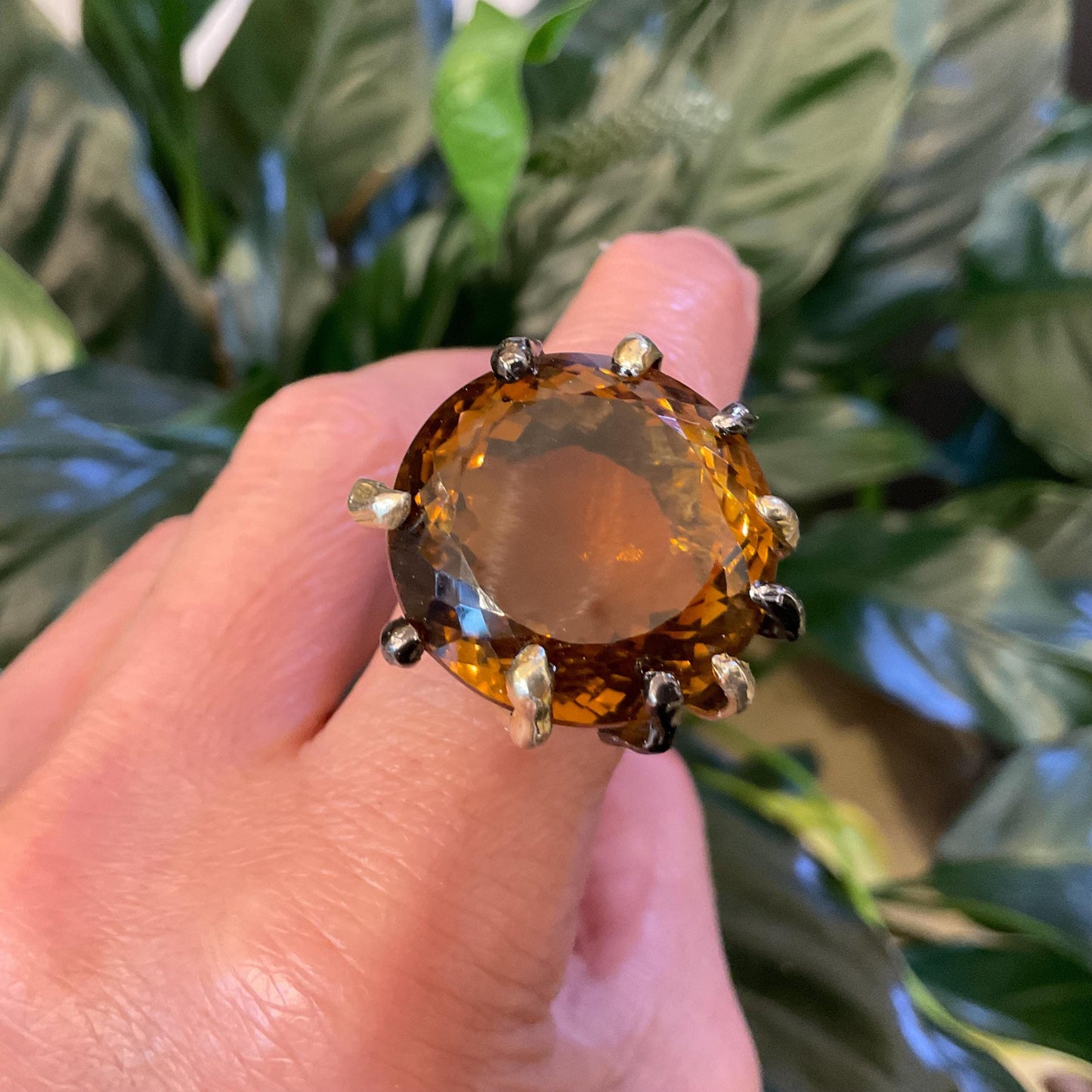 sterling silver cognac quartz statement ring huge ring solitaire roots organic 7.5 8