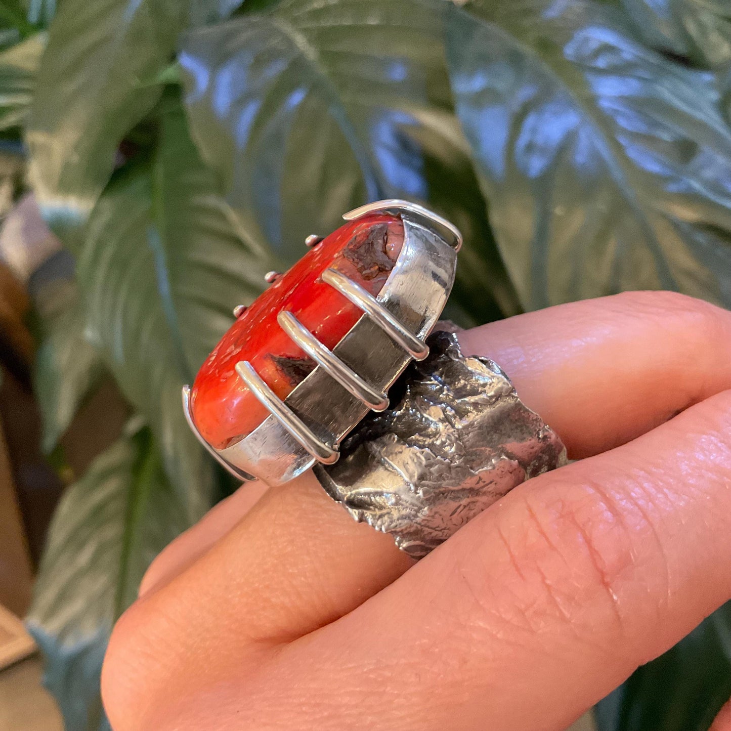 Sterling Statement natural red coral brutalist adjustable cuff ring 7-11