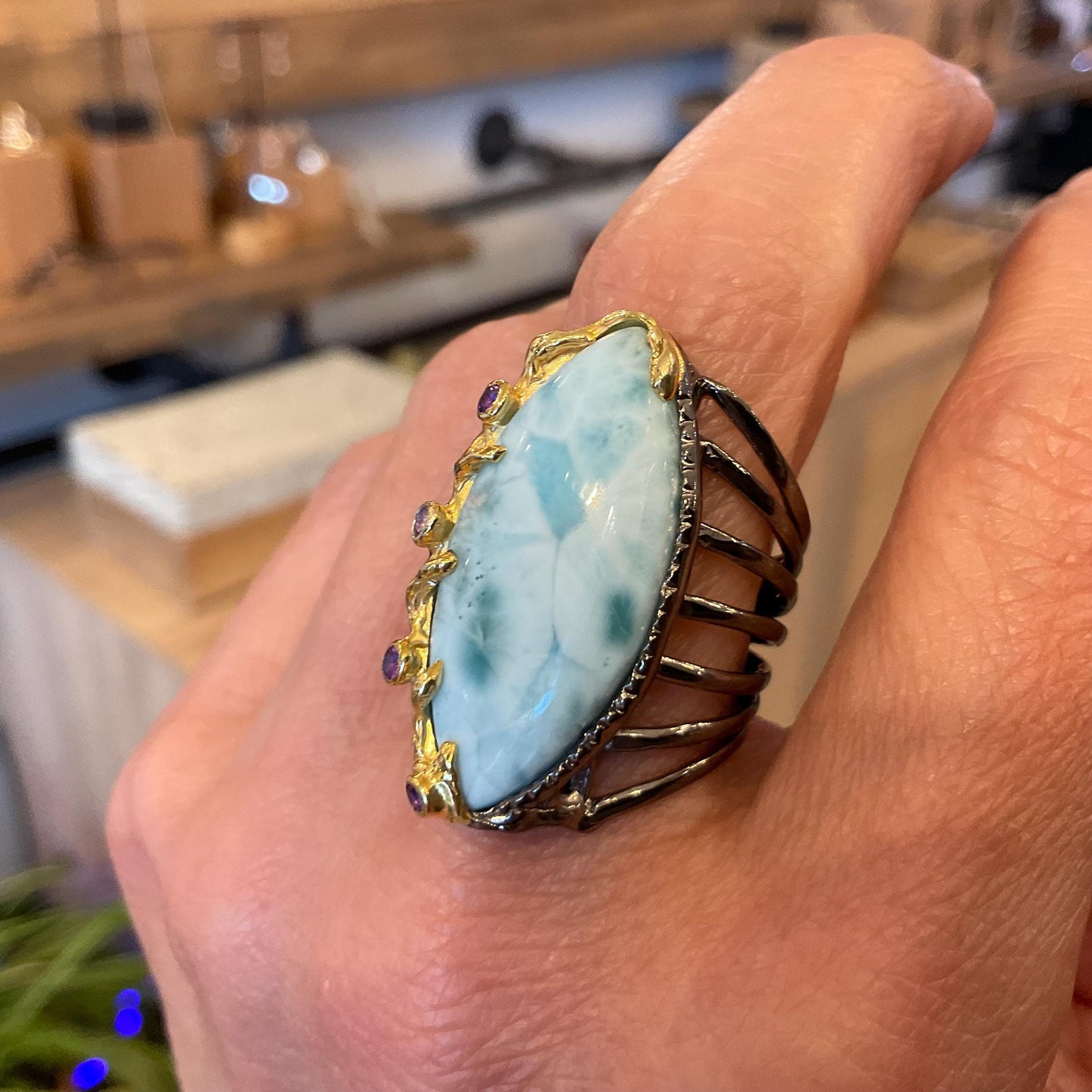 Sterling Statement larimar Marquis cut statement band ring 9