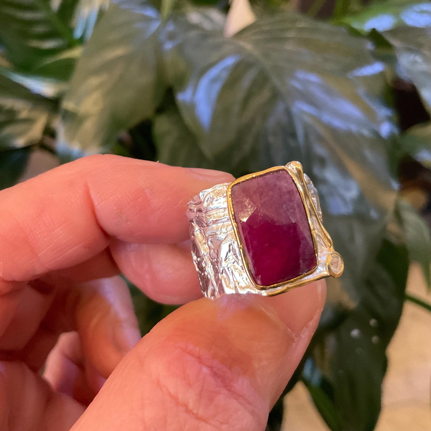 Sterling silver natural ruby wide band ring 6.5