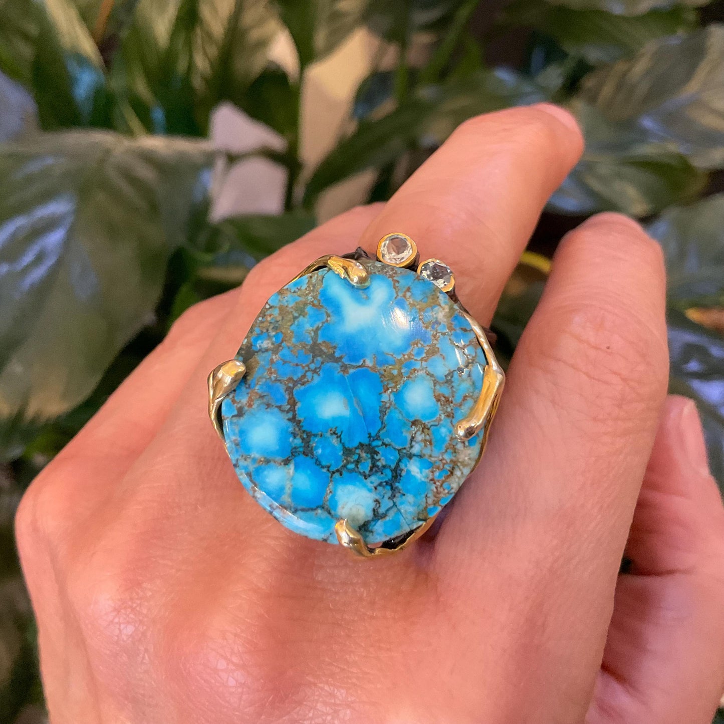 Sterling Silver Genuine Turquoise huge round brutalist band ring 7.5