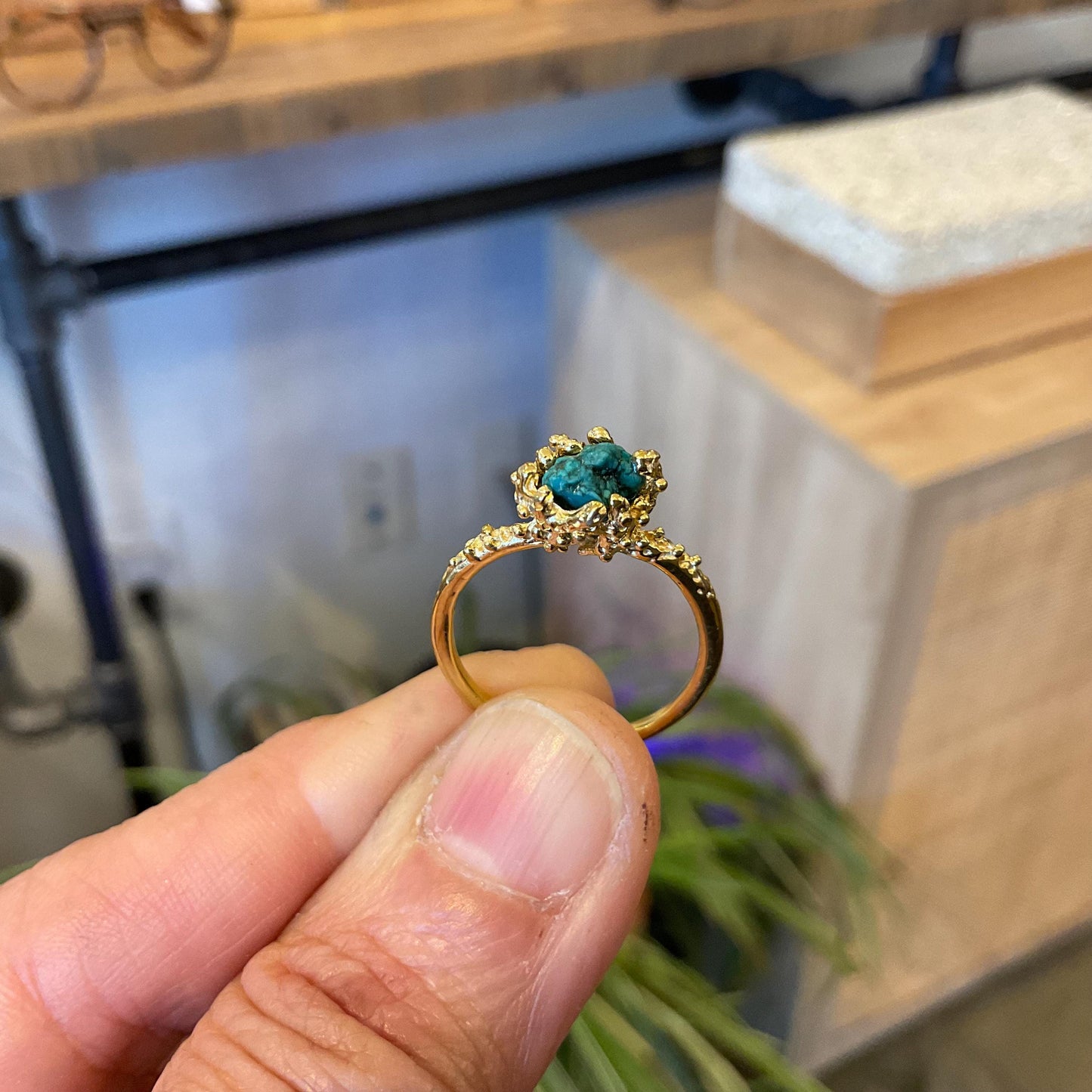 Sterling Silver Genuine rough Turquoise dainty gold ring 7