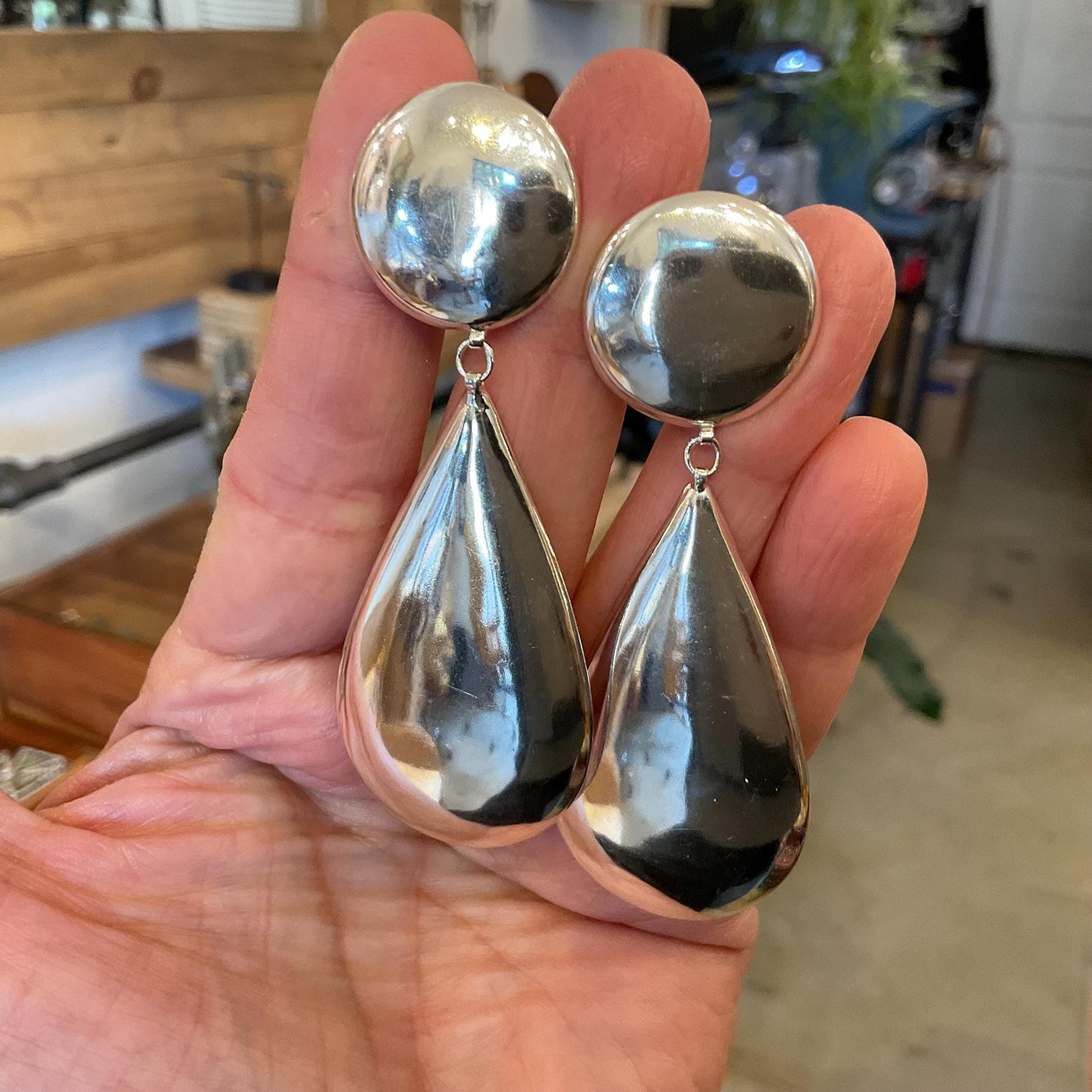 sterling silver Modernist oversize long vintage pear shape Earrings