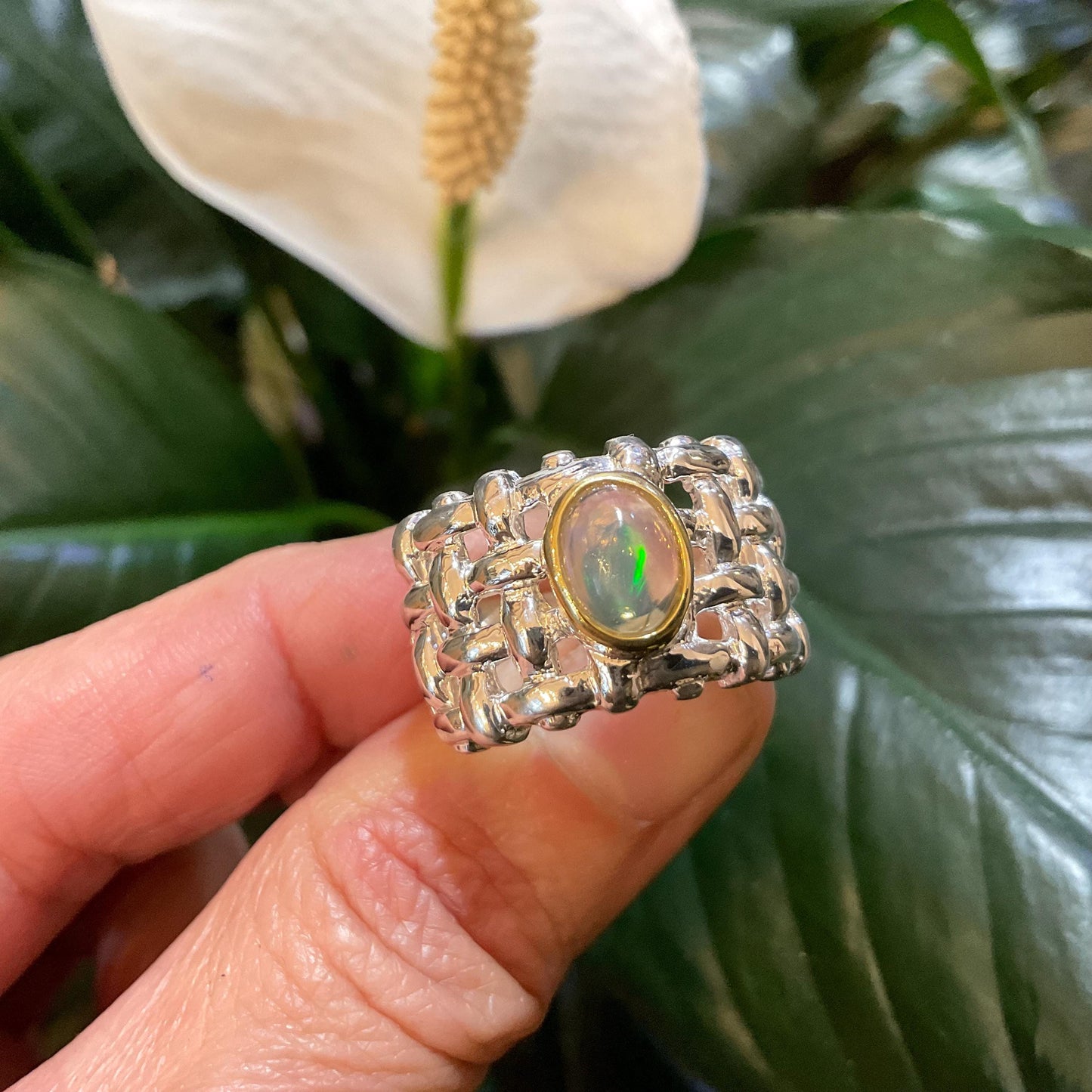sterling silver natural rainbow natural opal band ring 8 Colors Of Etnika