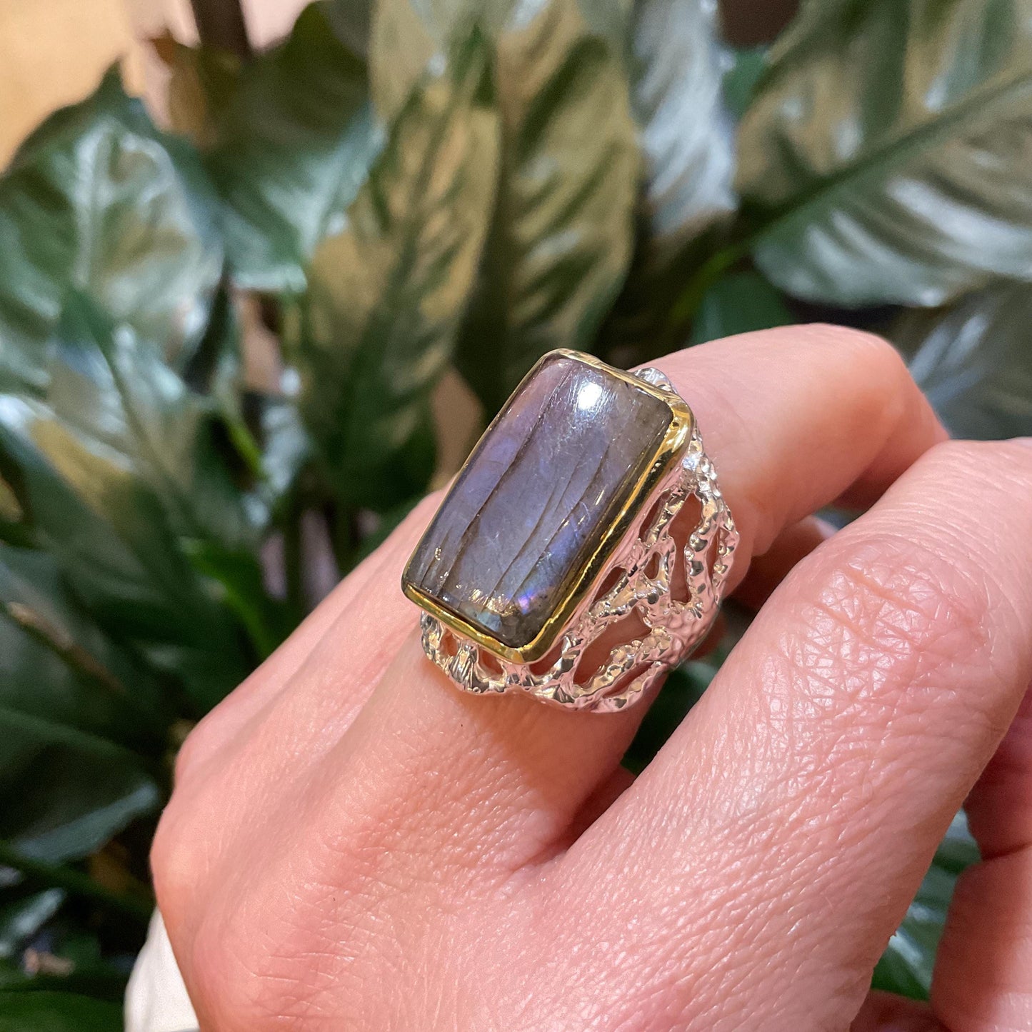 sterling silver Labradorite statement organic band Etnika Ring 7.5 Colors Of Etnika