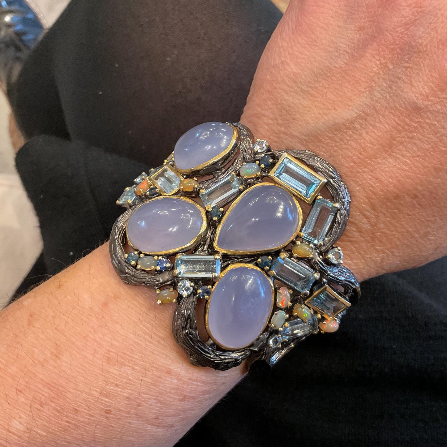 Sterling silver natural opal blue topaz chalcedony cuff bangle bracelet Colors Of Etnika