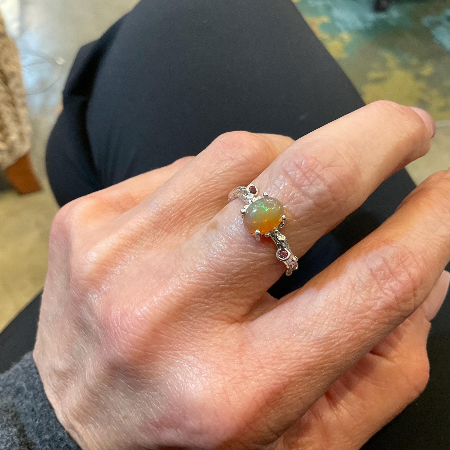 Sterling Silver Natural rainbow opal rhodolite dainty Ring 7.5