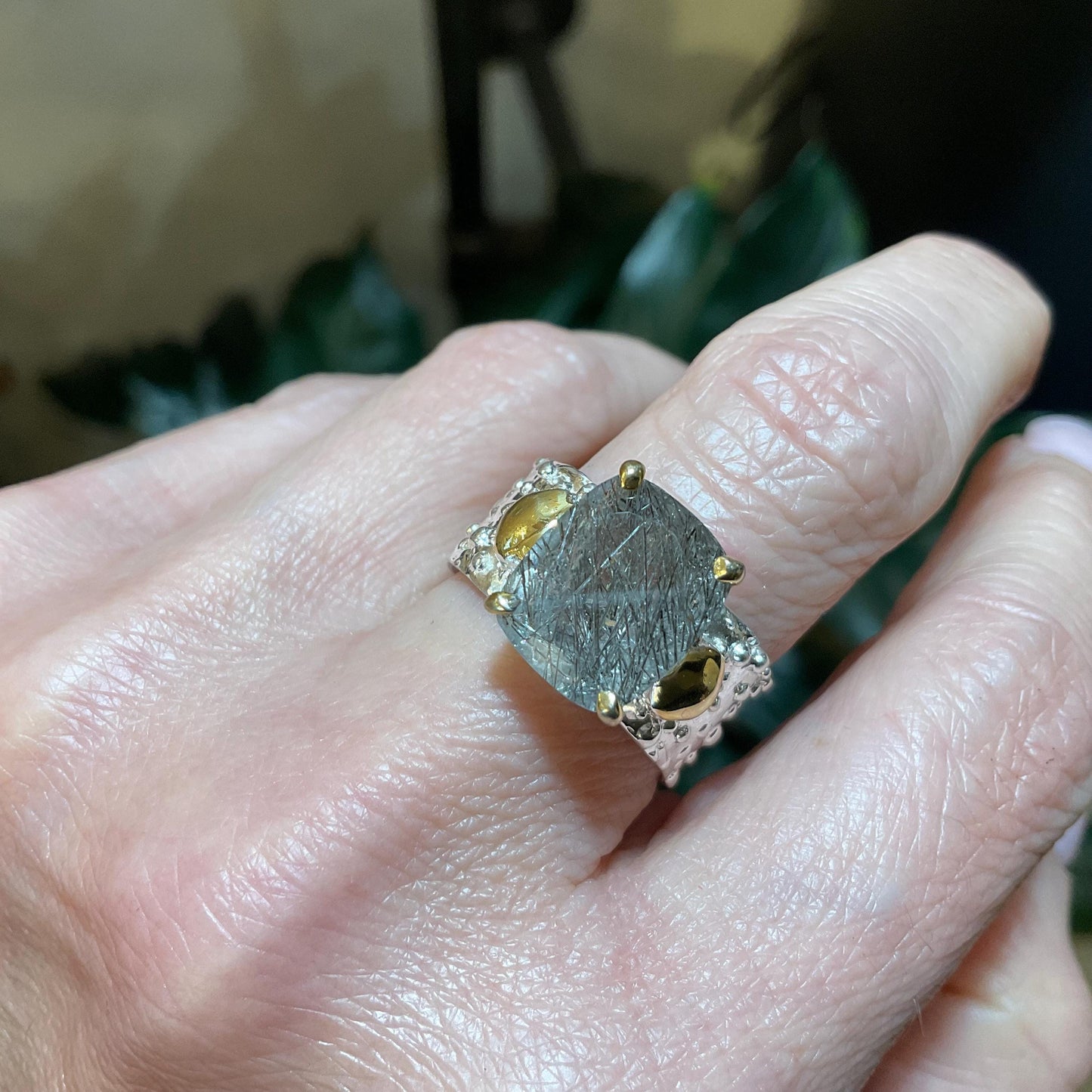 Sterling silver natural rutilated quartz band ring 9