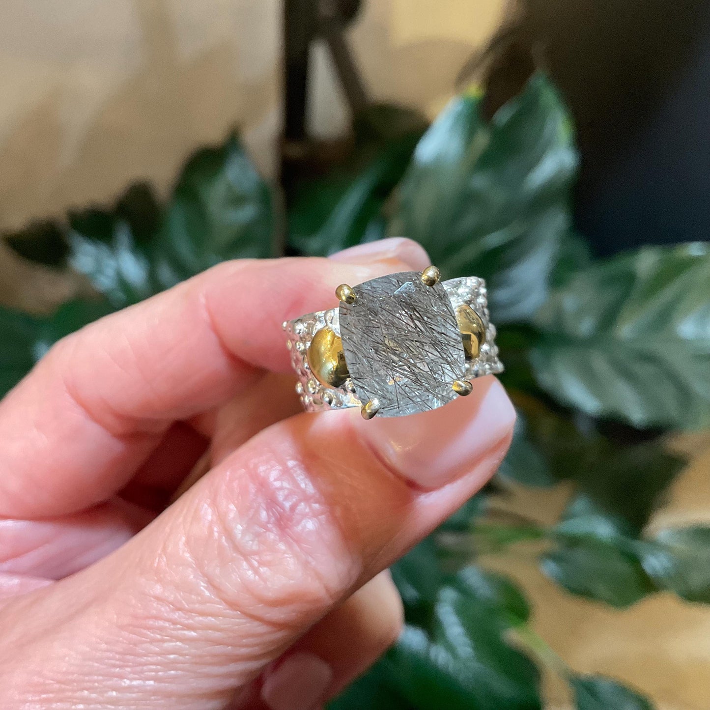 Sterling silver natural rutilated quartz band ring 9