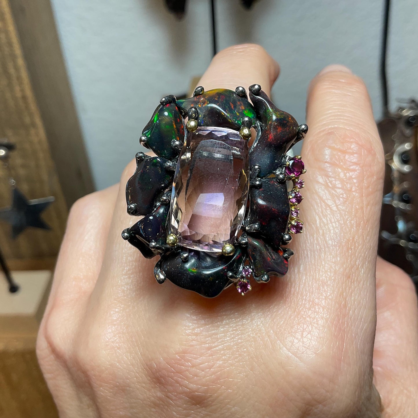 Sterling Silver Ametrine amethyst heirloom Fire Rainbow Huge opal rhodolite ring 7.5 Colors Of Etnika