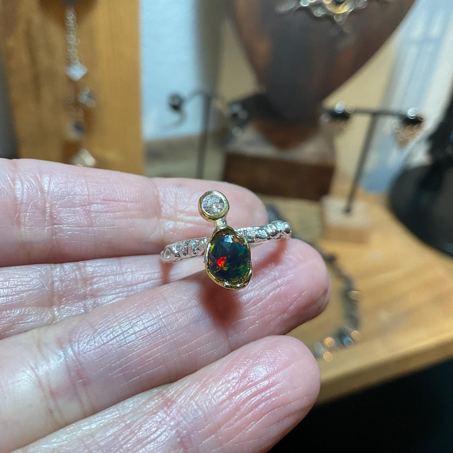 Sterling Silver Natural fire black opal dainty Ring 7.5