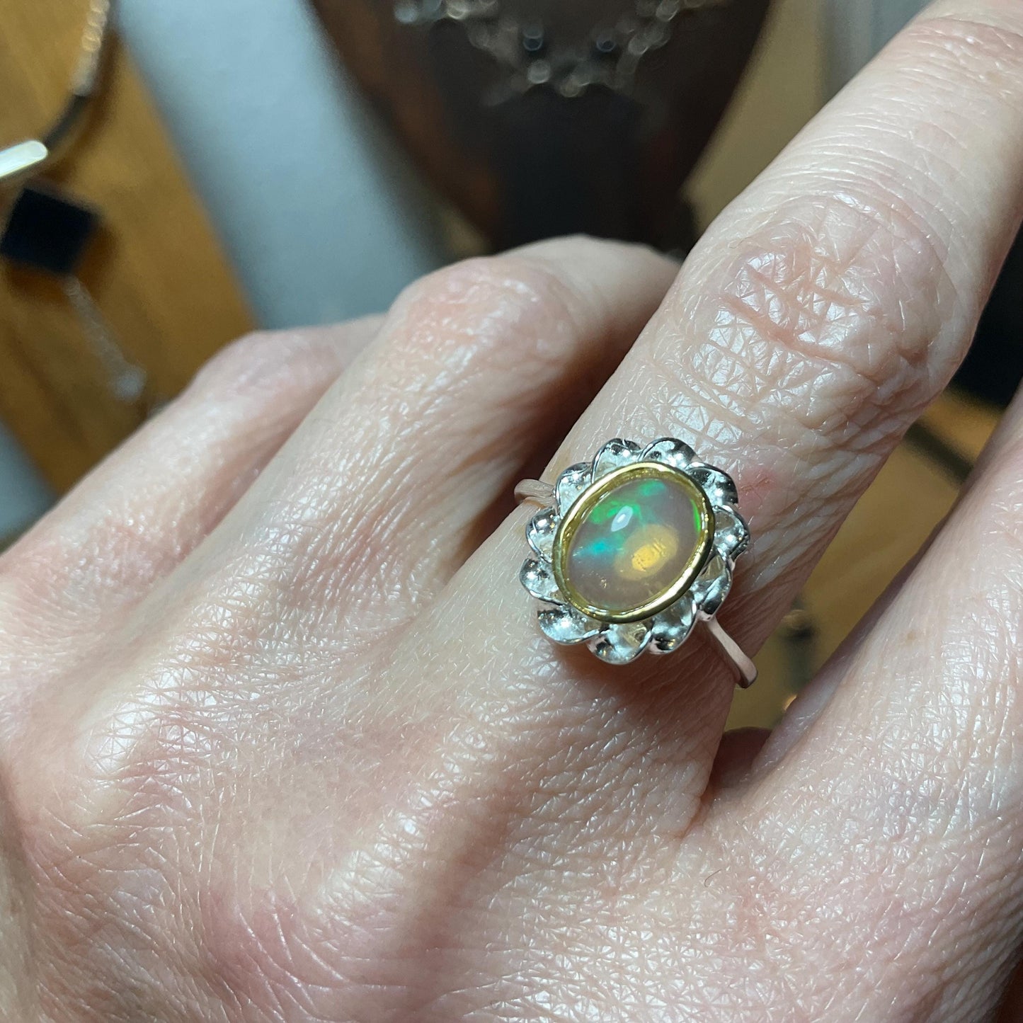 Sterling Silver Natural rainbow opal dainty Ring 7.5 Colors Of Etnika