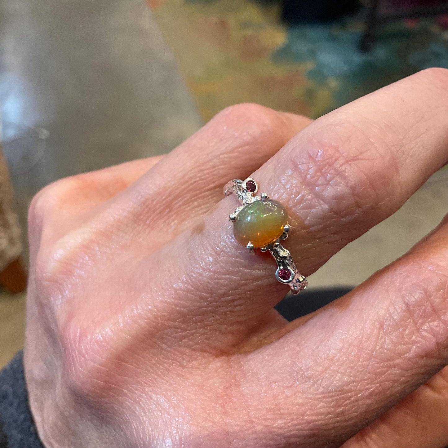 Sterling Silver Natural rainbow opal rhodolite dainty Ring 7.5