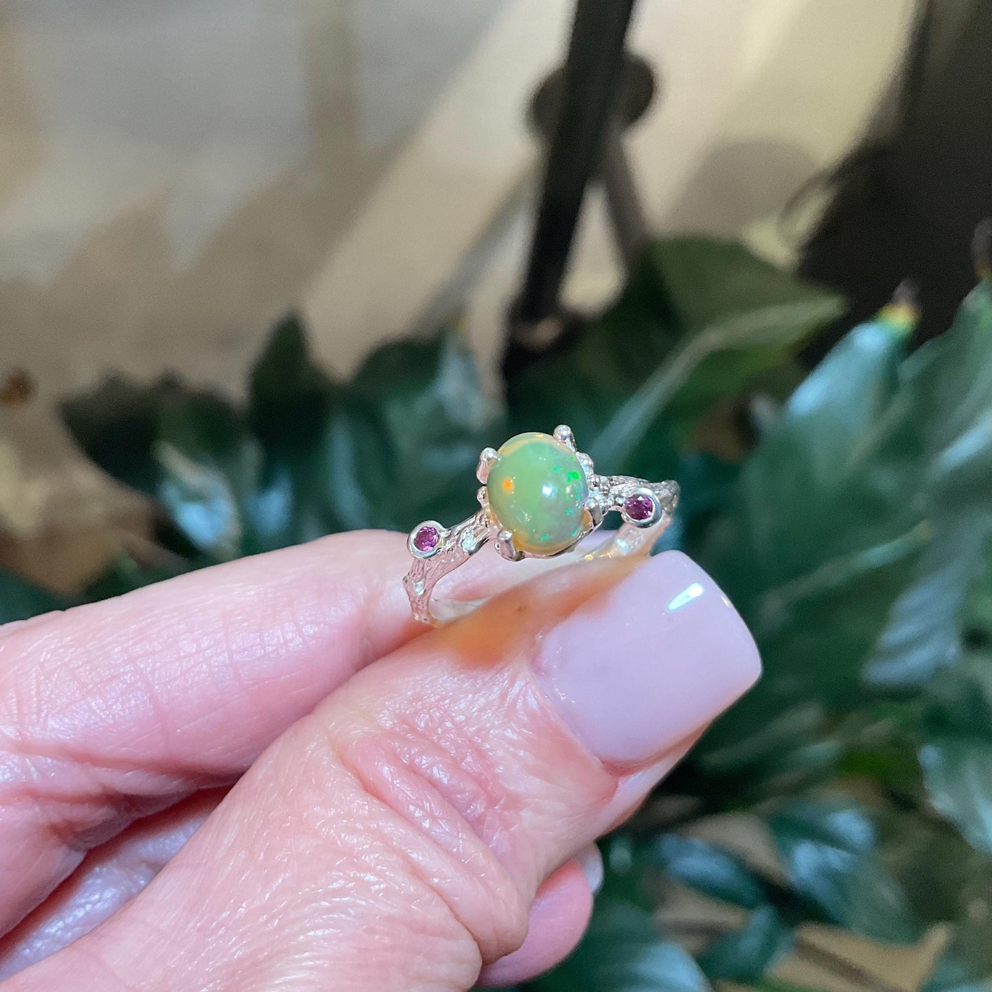 Sterling Silver Natural rainbow opal rhodolite dainty Ring 7.5