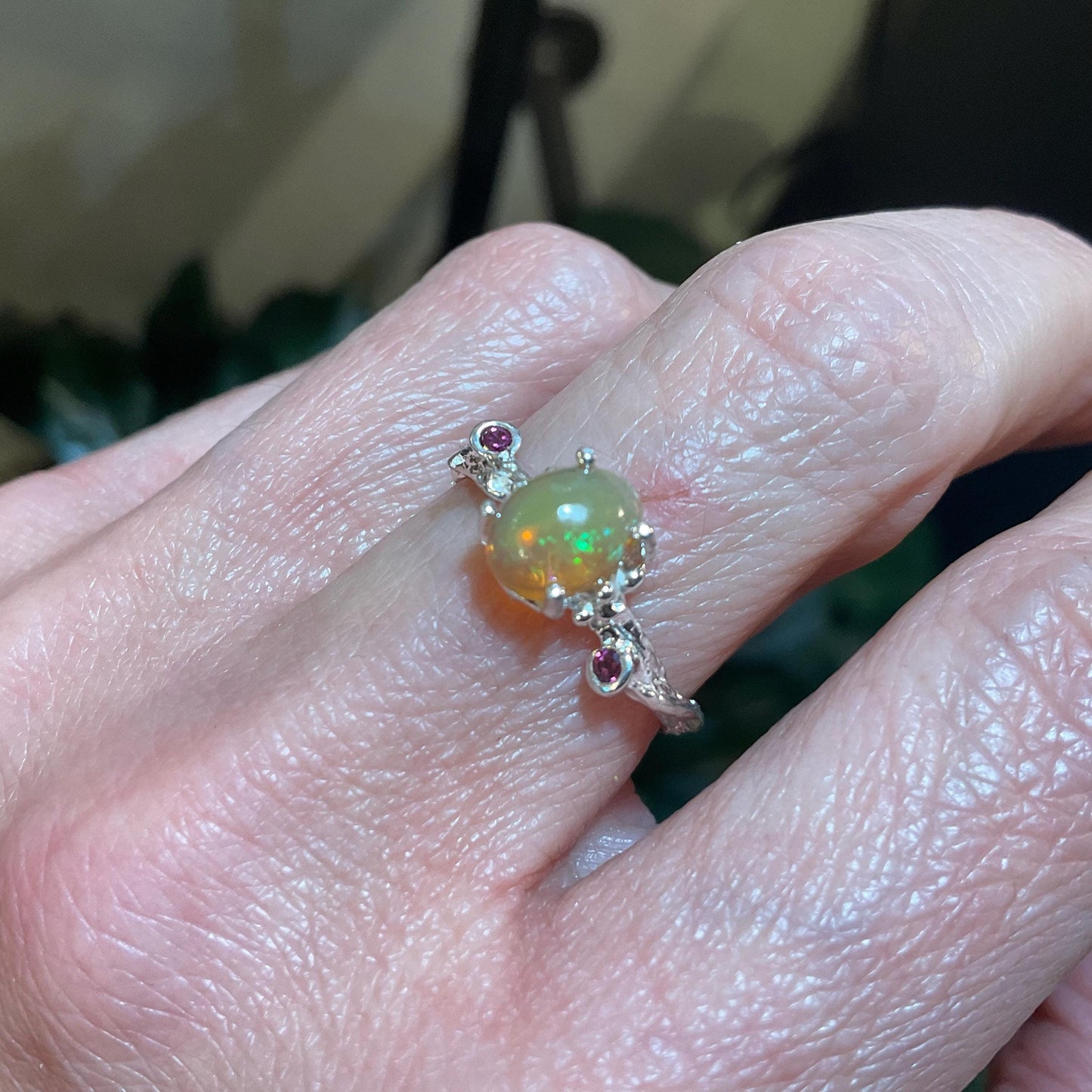 Sterling Silver Natural rainbow opal rhodolite dainty Ring 7.5