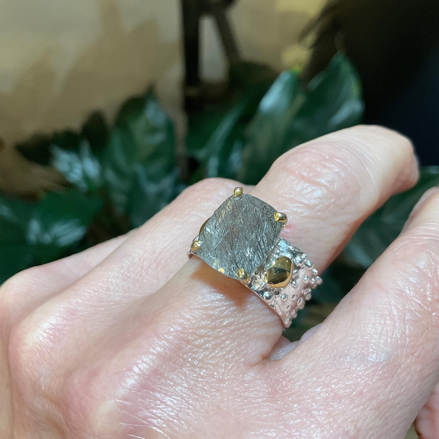 Sterling silver natural rutilated quartz band ring 9