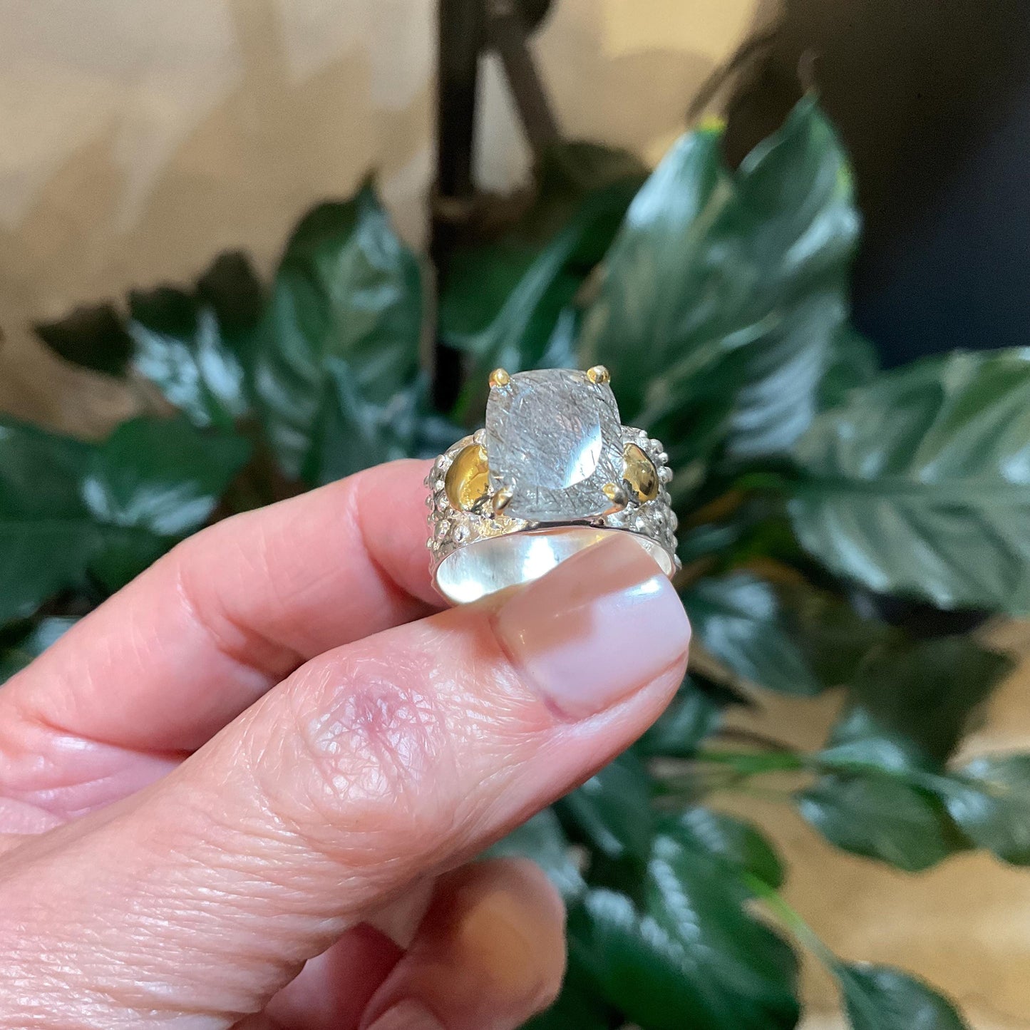 Sterling silver natural rutilated quartz band ring 9
