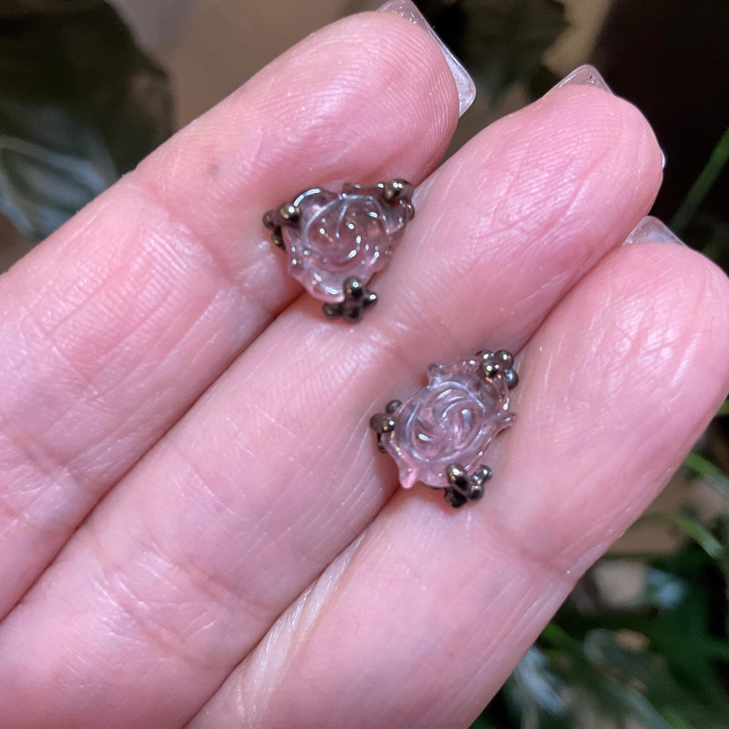 sterling Silver pink tourmaline carved rose flower stud earrings