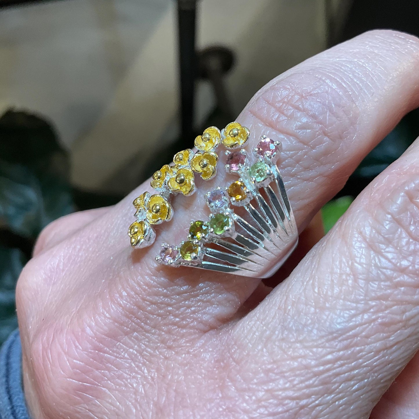 Sterling Silver Flower Tourmaline Ring - Adjustable Open Cuff Colors Of Etnika