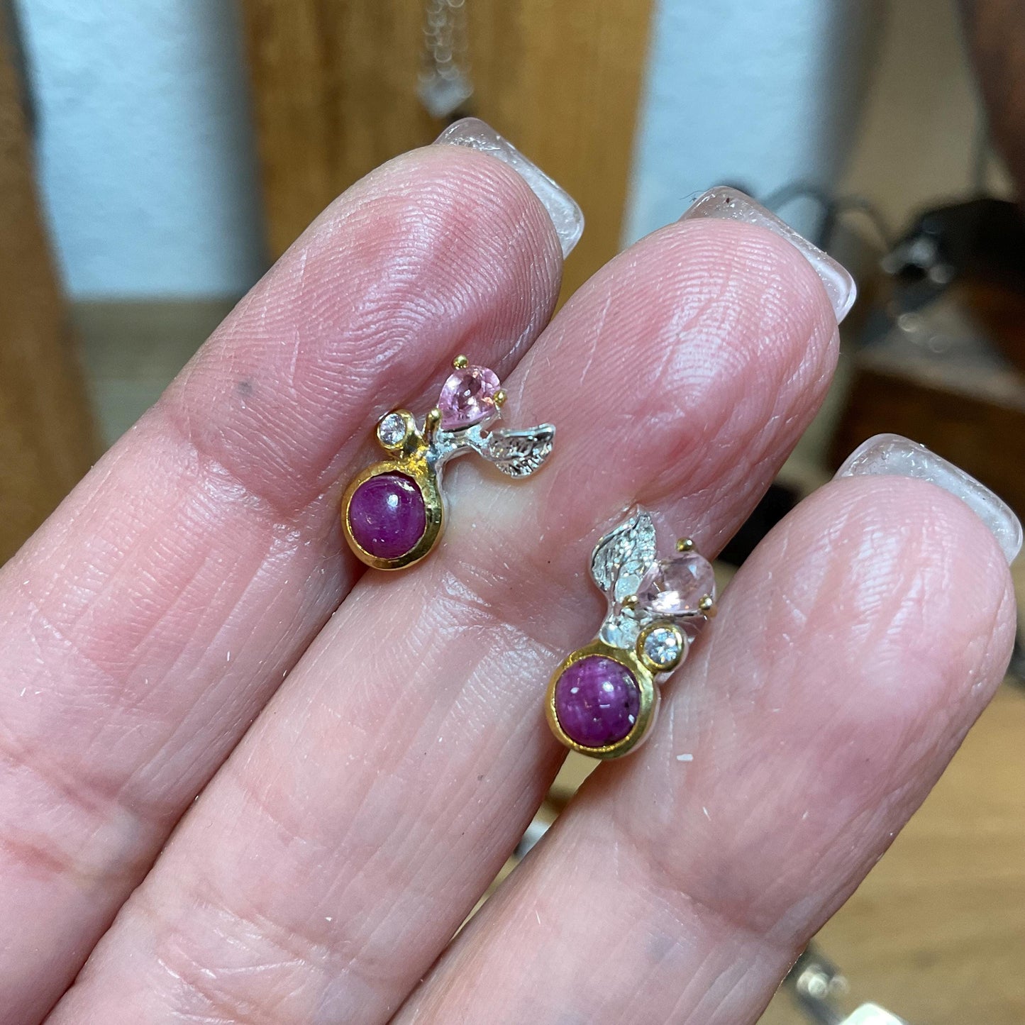 sterling Silver ruby pink tourmaline flower stud earrings