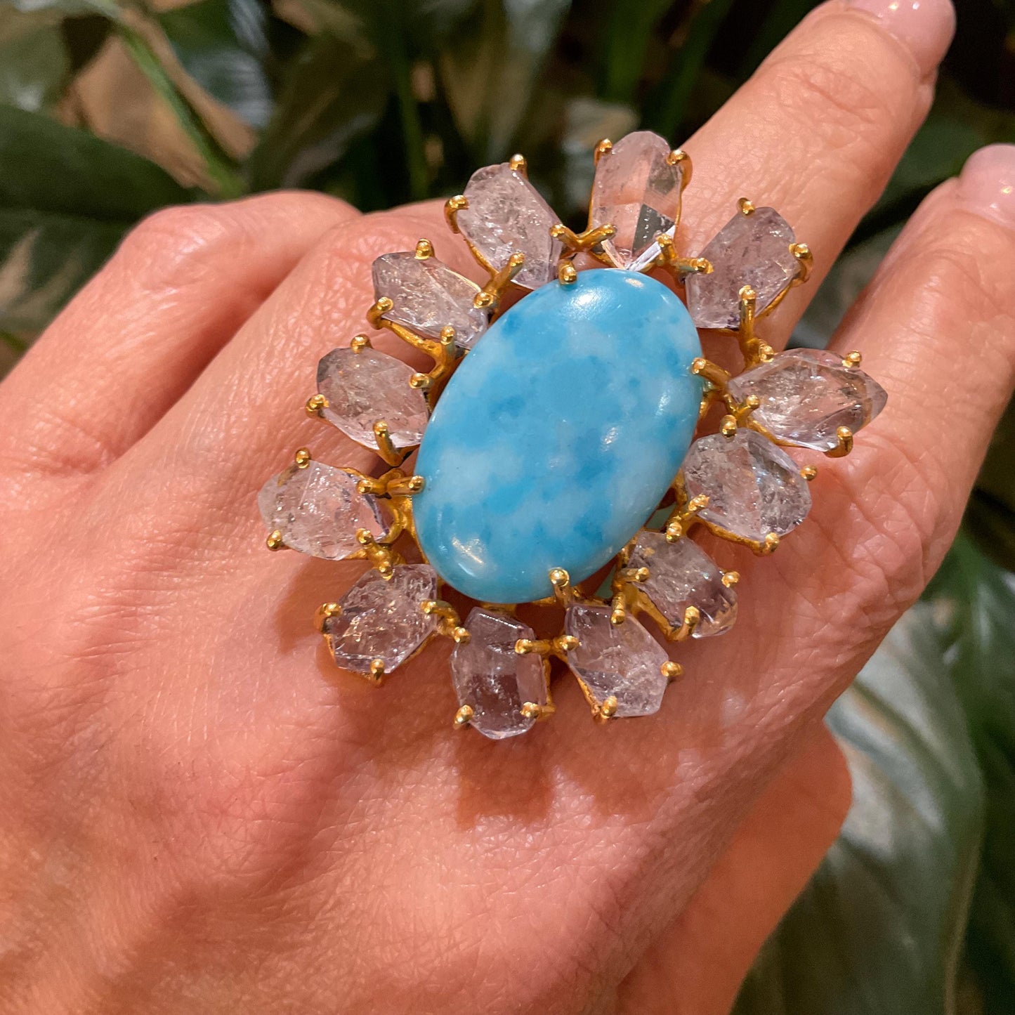 Sterling Statement turquoise moonstone huge gold ring 6.5 7