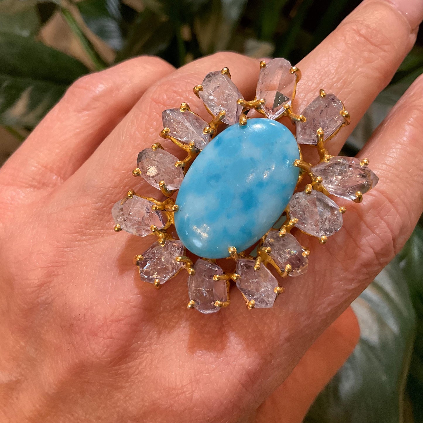 Sterling Statement turquoise moonstone huge gold ring 6.5 7