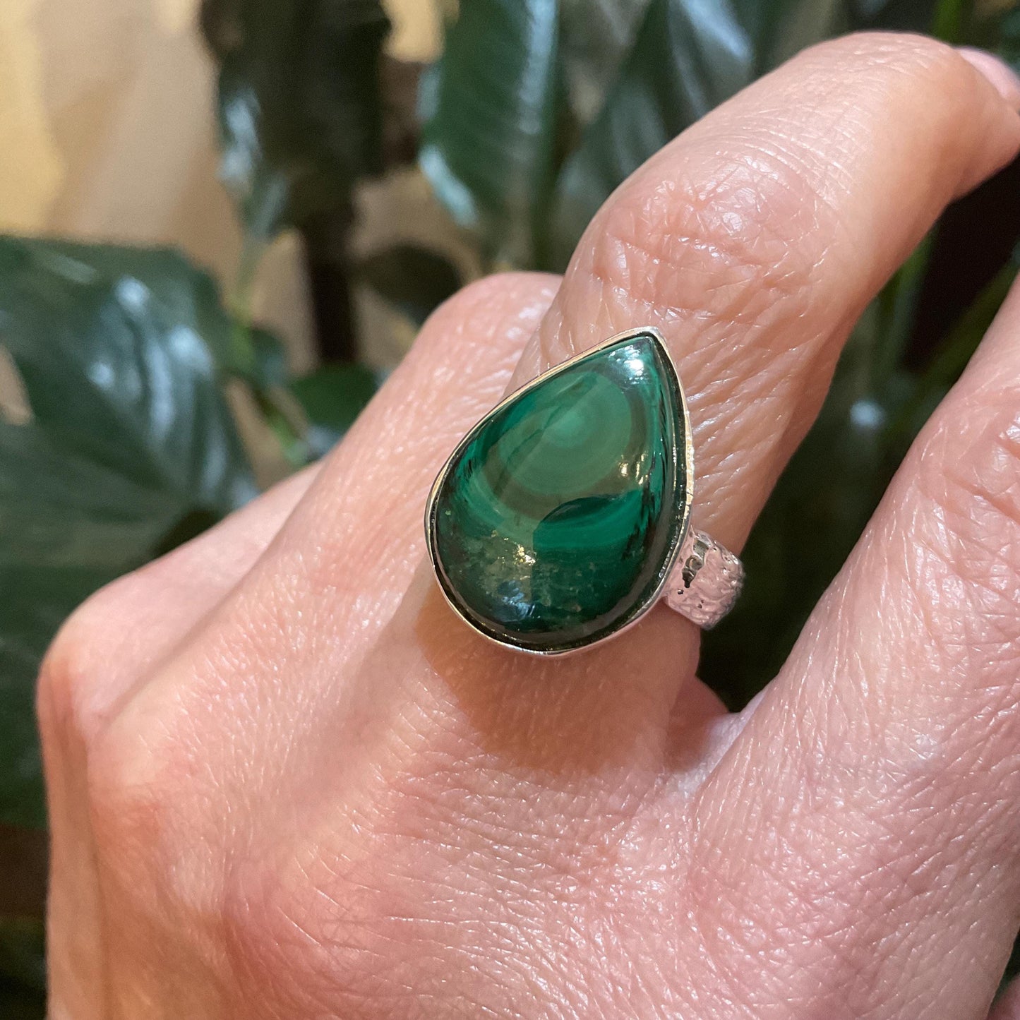 925 sterling silver natural malachite pearl shape ring 6.5 7
