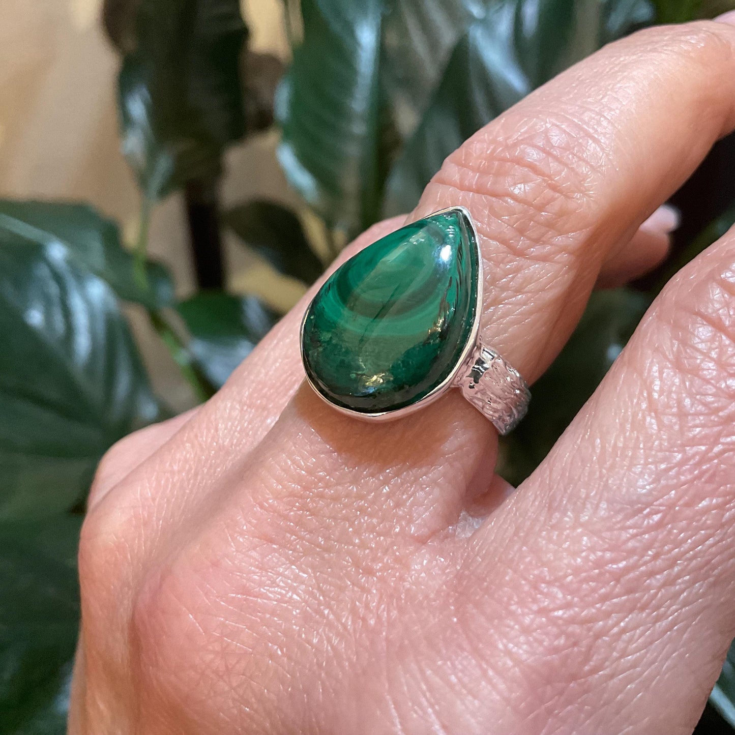 925 sterling silver natural malachite pearl shape ring 6.5 7