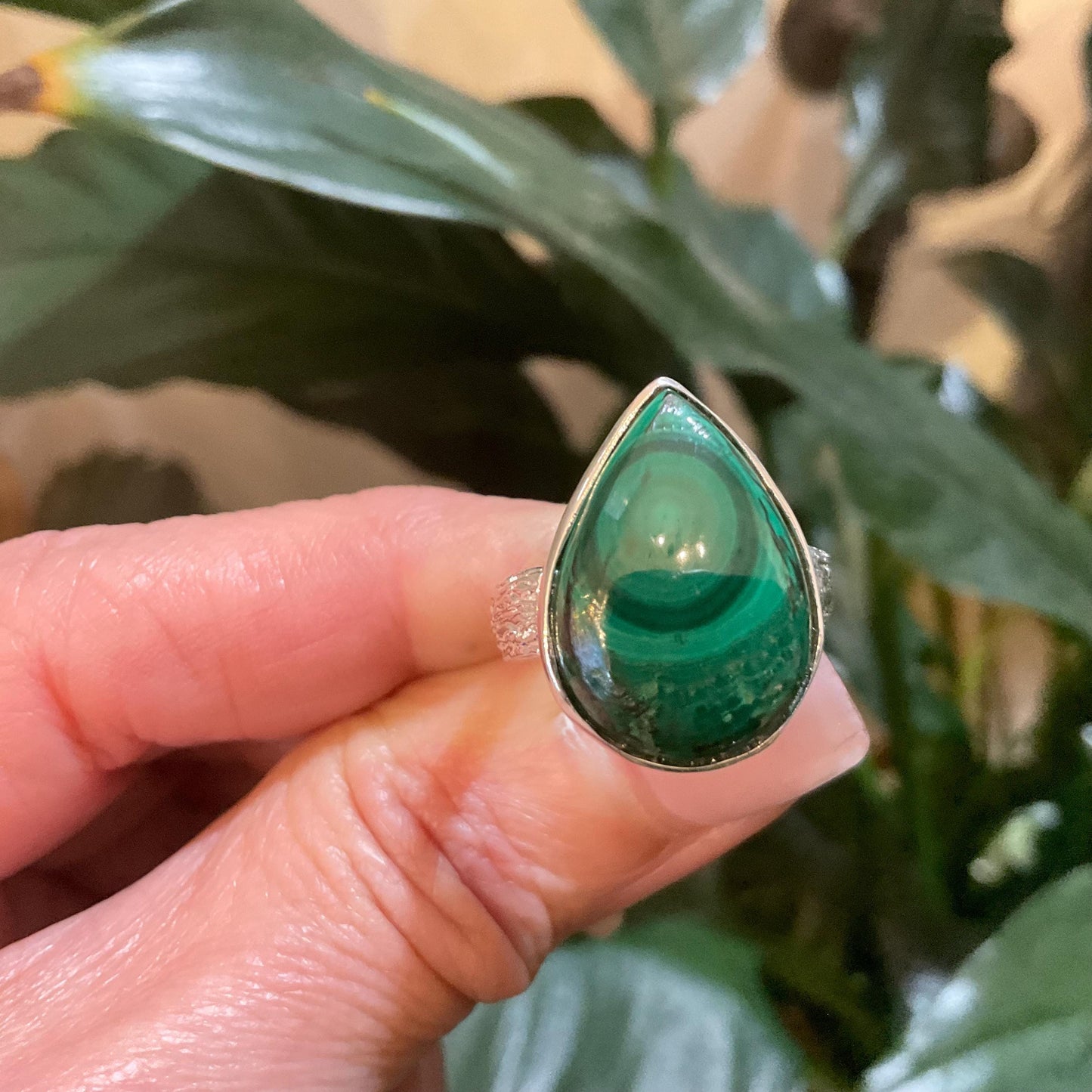 925 sterling silver natural malachite pearl shape ring 6.5 7