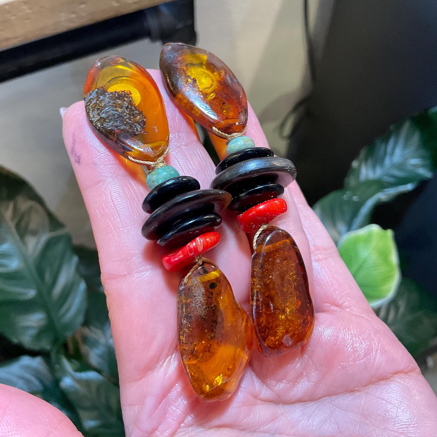 Sterling Silver natural Amber coral jade horn oversize statement earrings
