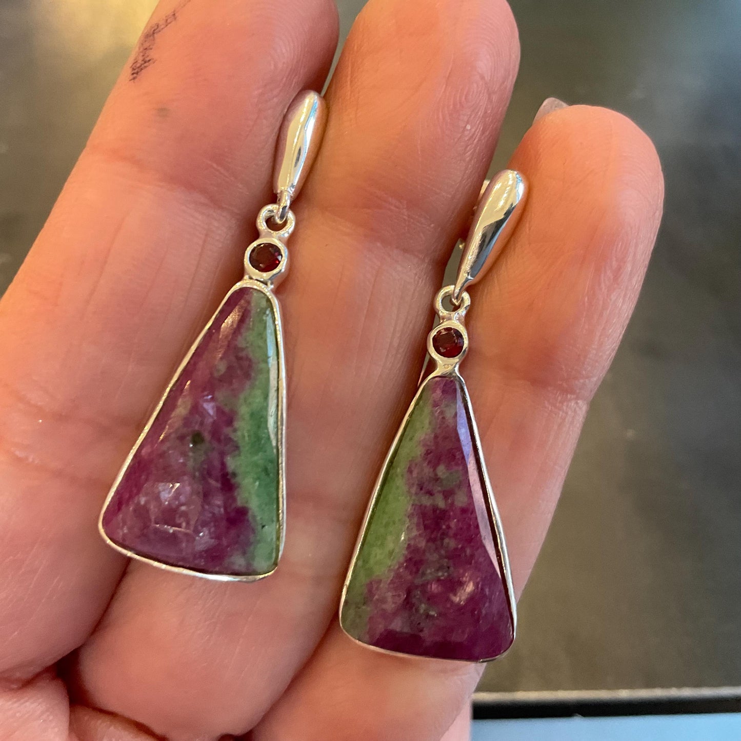 Sterling Silver natural ruby zoisite dangle post Earrings
