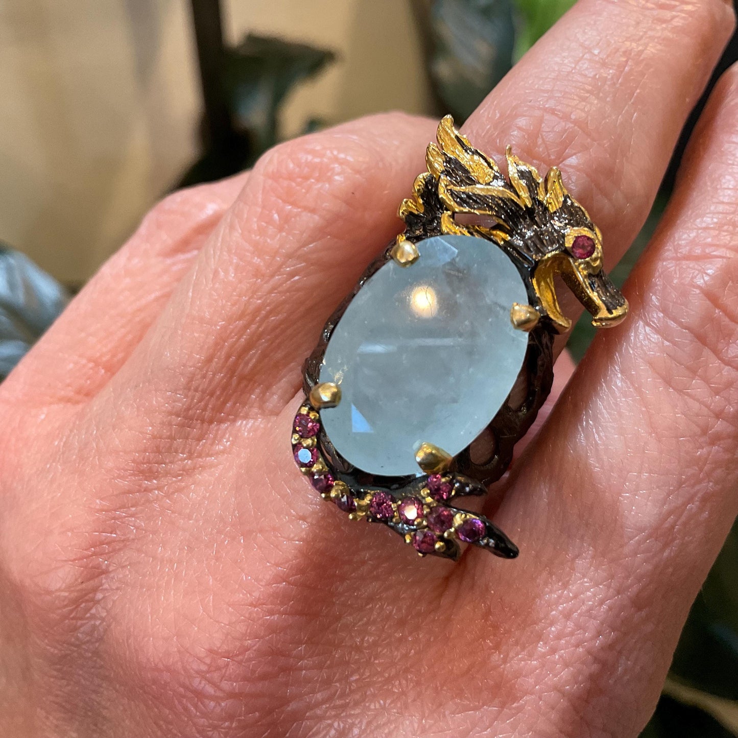 Sterling Silver blue aquamarine ring rhodolite dragon band ring 8 RESERVED Do NOT Buy